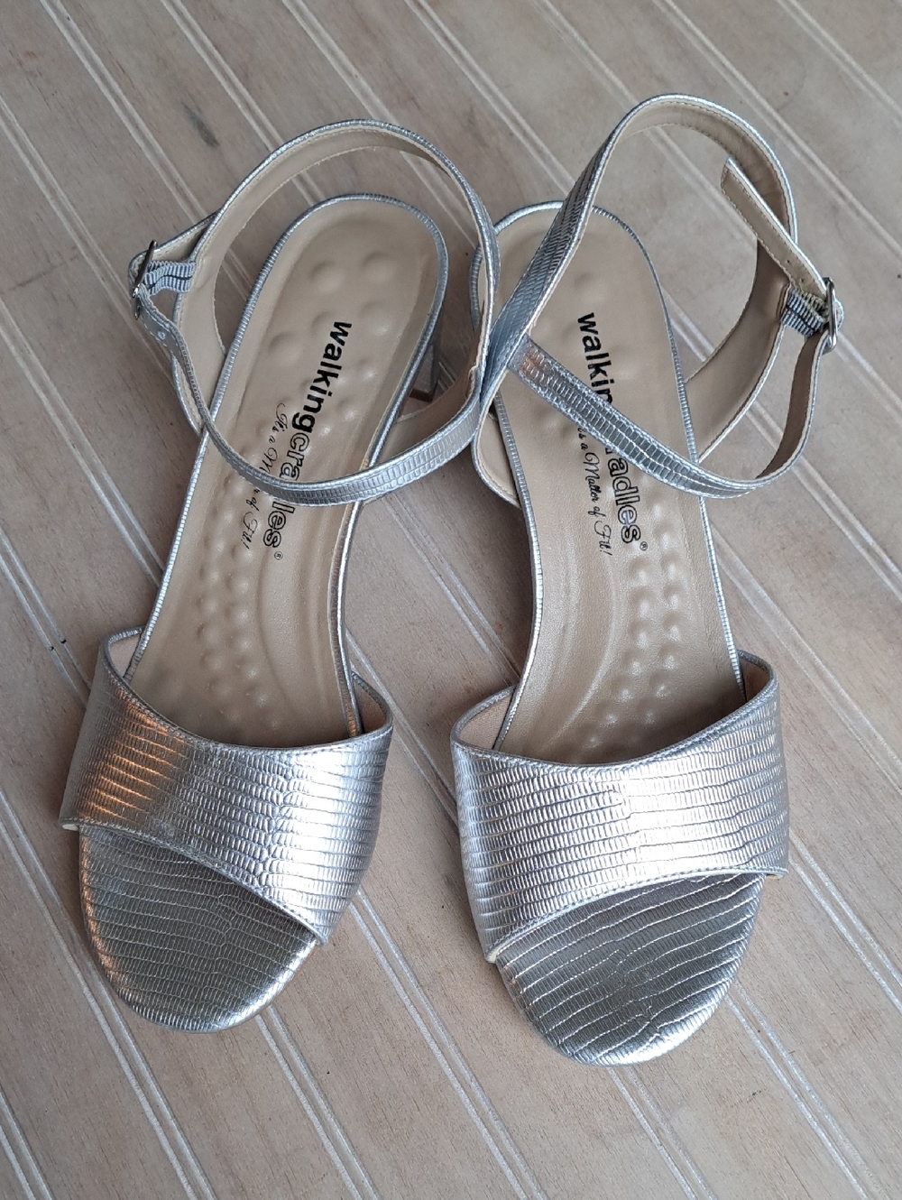 Walking Cradles Liza Silver Metallic Short Block Heel Lizard Open Toe Sandals